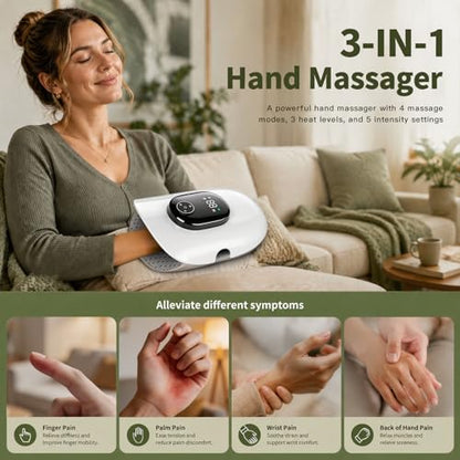 Heated Hand Massager with Finger Stretching & Kneading, Electric Hand & Wrist Massager, 4 Massage & 5 Compression & 3 Temperatures Modes, Gifts for Women Men (Green) - color: Grey