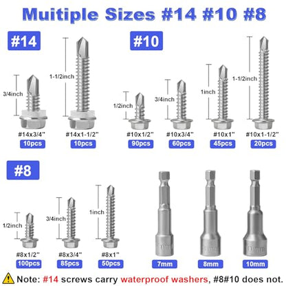 470Pcs Self Tapping Screws for Metal #8#10#14, Hakkin 410 Stainless Steel Self Drilling Screws Assortment Kit, Hex Washer Head Sheet Metal Screws Kit, Tek Screws 1/2" 3/4" 1" 1-1/2", Socket Included - size: 470PCS #8 #10 #14 Self Drilling Screws Silver
