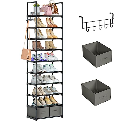 OYREL Tall Shoe Rack Narrow 10 Tier Shoes Rack 20 25 Pairs + 2 Boxes 1 Hook | Shoe Storage Organizer for Closet, Entryway, Living Room,Sturdy Metal Shoe Shelf Shoe Stand Closet Organizers and Storage - color: Black