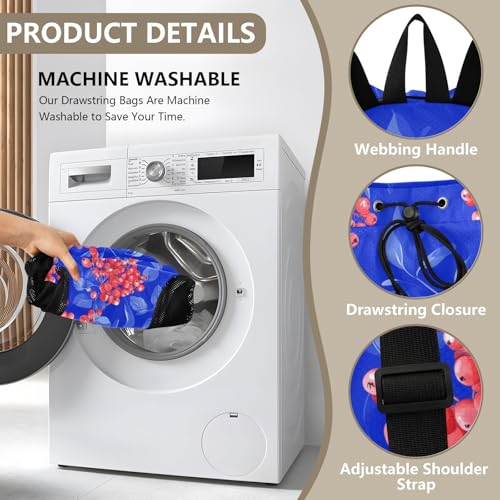 Drawstring Gym Bags For Men Women Climbing Gym Bag With Pockets String Swim Bag Waterproof Red Rowanberry Fruit Royal Blue