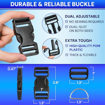 TECEUM 1" Nylon Strap Kit with Buckles, Simple Blue 6 yards Repair Set | Heavy duty hardware kit: 6yd webbing, 6 quick release buckles, 12 tri-glide slide clips, 6 metal D-rings for crafting. - color: Simple Blue, size: 1" - 6 yards, style: 6 Buckle - 12