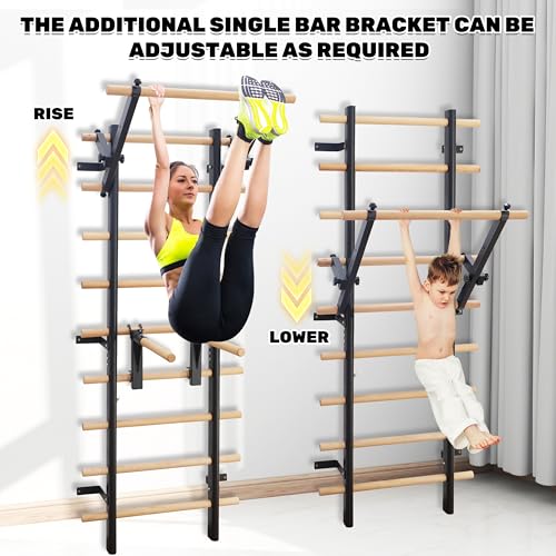 Stall Bars, Swedish Ladder for Adult and Kids, Wall Bar with Solid Beech Wood Rods, Durable Steel Frame, Adjustable Pull Up and Dip for Strength, Flexibility at Home Gym, Studio - color: Black