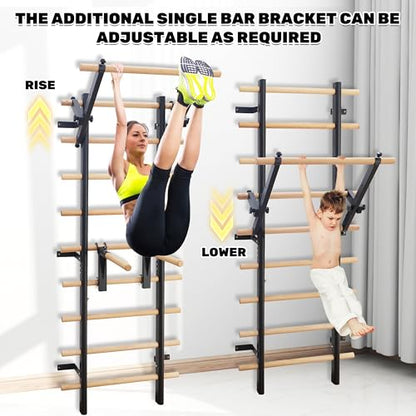 Stall Bars, Swedish Ladder for Adult and Kids, Wall Bar with Solid Beech Wood Rods, Durable Steel Frame, Adjustable Pull Up and Dip for Strength, Flexibility at Home Gym, Studio - color: Black