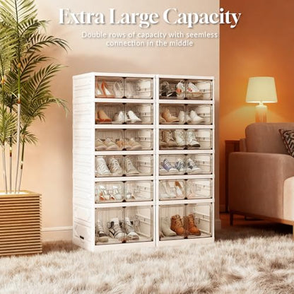 6-Tier Foldable Shoe Rack Organizer, 24 Pairs Stackable & Collapsible Shoe Cabinet with Transparent Doors & Leather Handles, Space-Saving Storage for Entryway, Closet, Kitchen, Cabinet, White - size: 6 Tiers