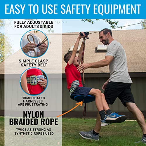 Zip Line Kit for Kids and Adults, 100/120/150/200 ft, Up to 350 Lbs, Removable Trolley, Rustproof Stainless Steel, Quick Setup with Ratchet, Safety Harness, Backyard Adventure Fun W/Climbing Holds - size: 160' Zipline Kit