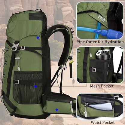 60L Travel Hiking Camping Backpack with Rain Cover, Backpack Water Resistant,Climbing Backpack for Men Women - color: Deep Green