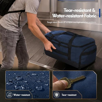 Haimont 60L Foldable Travel Duffel Backpack, Navy Blue | Shoe Compartment, Stowable Straps, U-Shaped Opening, Water-Resistant Build - color: Navy Blue