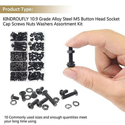 242 Pieces Black M5 x 6/8 /10/12 /16/20 /25mm Button Head Socket Cap Screws Nuts Washers Assortment Kit, 10.9 Grade Alloy Steel - size: M5, style: Button Head
