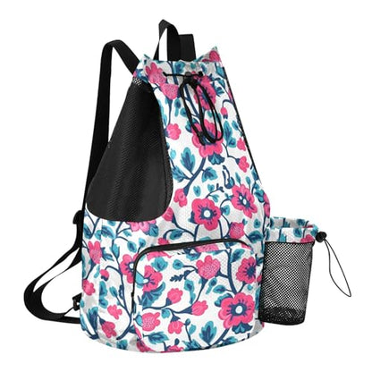 Draw String Back Bag Climbing Gym Bag With Pockets String Bag Waterproof Red Turquoise Floral Pattern