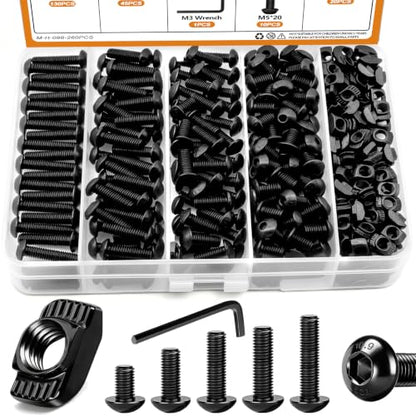 mankk 260PCS M5 T-Nuts and Bolts Assortment Kit for 2020 Aluminum Extrusion | M5 screws 8–20mm, hex socket bolts, T-slot sliding nuts, equipped with matching allen wrench - size: M5 Kit
