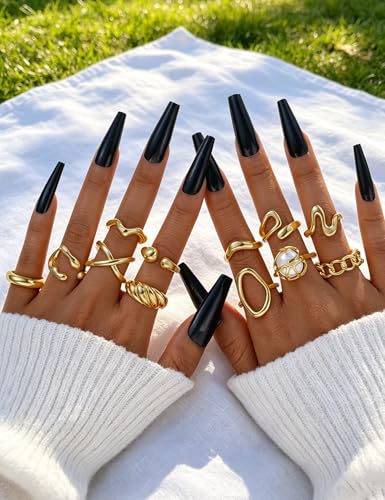 YEEZII Chunky Gold Rings for Women Non Tarnish, 18K Gold Plated Stackable Thumb Ring, Statement Women Rings Set - color: Gold-E