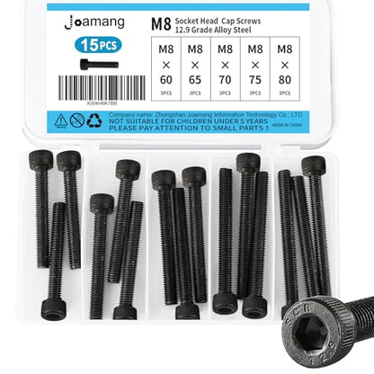 M8 x 60mm 65mm 70mm 75mm 80mm Hex Socket Head Cap Screws Bolts, 12.9 Grade Alloy Steel, Black Oxide Finish, Metric Allen Hex Drive, Fully Threaded, Assortment Kit 15Pcs - size: Socket M8x60-80mm
