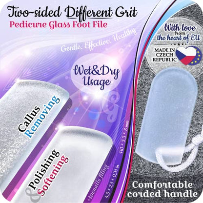 Czech Glass Foot File Callus Remover – Double Sided Etched, Different Grit Coarse & Fine Surfaces for Hard Skin & Cracked Heels, Professional Pedicure Tool, Washable Reusable, Made in EU