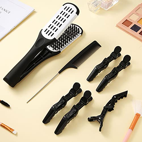 Honeydak Hair Straightening Boar Bristle Clamp Hair Comb, 5 Pieces Alligator Hair Clips, Pin Rat Tail Comb (White Comb) - color: White Comb