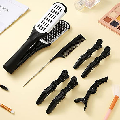 Honeydak Hair Straightening Boar Bristle Clamp Hair Comb, 5 Pieces Alligator Hair Clips, Pin Rat Tail Comb (White Comb) - color: White Comb