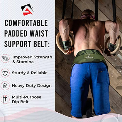 AQF Dip Belt with 36" Steel Chain - Neoprene Padded Back Support Belt | Secure Carabiners for Weighted Pull ups, Dips, Gym, Powerlifting, Bodybuilding, Squat & Fitness - color: Green Camo