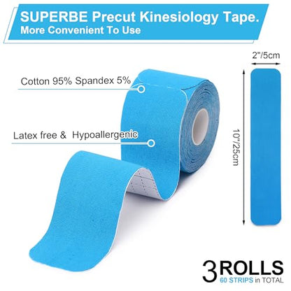 SUPERBE Precut Kinesiology Tape (3 Rolls Pack), Elastic Sports Tape for Pain Relief, Muscle Support, Recovery and Physio Therapy, Breathable, Waterproof (Blue) - color: Blue