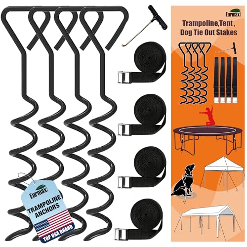 EURMAX USA 4-Pack Windproof Trampoline Stakes Anchor Kit-Steel Corkscrew Anchor,Heavy Duty Tie Down Kit with T-Hook&Reinforced Safety Straps,Secure Weatherproof Protection for Trampoline,Tent&Playset - color: Black, style: Triangle Head