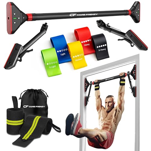 Doorway Pull Up Bar, No Screws or Drilling, Holds 880 lb, Chin Up Bar with 5 Resistance Bands, 2 Wrist Wraps and Carry Bag, 4-Point Locking, Adjustable Width Home Gym Bar for Upper Body Workout