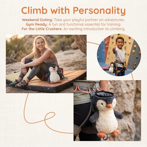 Penguin Rock Climbing Chalk Bag, Fun Plush Animal Chalk Pouch with Drawstring, Adjustable Waist Belt for Indoor Outdoor Bouldering Sport Climbing,Gray