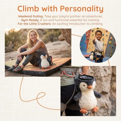 Penguin Rock Climbing Chalk Bag, Fun Plush Animal Chalk Pouch with Drawstring, Adjustable Waist Belt for Indoor Outdoor Bouldering Sport Climbing,Gray