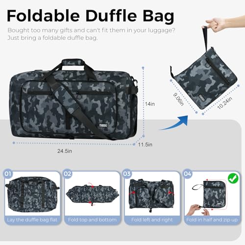 Fmeida 65L Duffle Bag with Shoes Compartment, Foldable Travel Duffel Bags for Men Women, Large Packable Travel Bag Water Repellent & Tear Resistant (BlackCamo) - color: Glossy BlackCamo