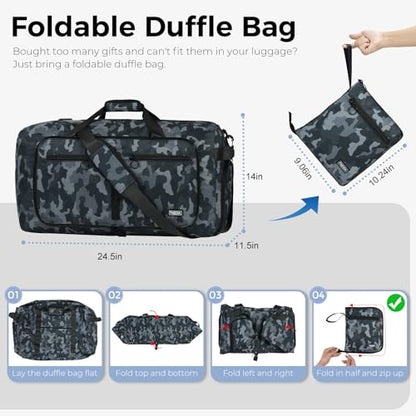 Fmeida 65L Duffle Bag with Shoes Compartment, Foldable Travel Duffel Bags for Men Women, Large Packable Travel Bag Water Repellent & Tear Resistant (BlackCamo) - color: Glossy BlackCamo