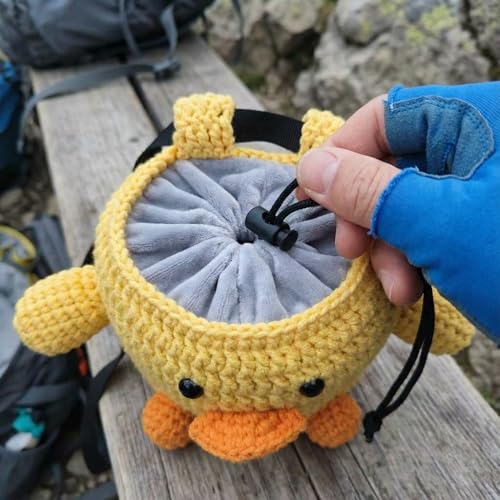 Handmade Crochet Rock Climbing Chalk Bag, Fun Plush Animal Chalk Pouch with Drawstring, Adjustable Waist Belt for Indoor Outdoor Bouldering Sport Climbing - style: Yellow Duck