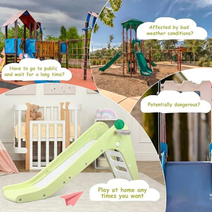 Toddler Indoor Slide, Foldable Baby Climber Playset with Basketball & Hoop | 63 in Extra Long Slope, Non-Slip Steps, Sturdy Plastic, Outdoor Playground for Backyard, Home & Playroom Use, Light Green - color: Light Green
