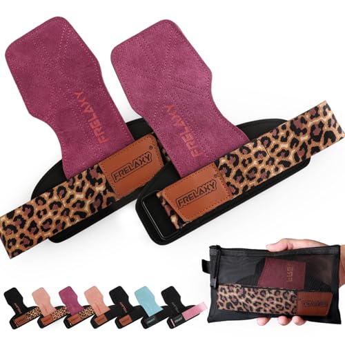 Frelaxy Lifting Wrist Straps for Women and Men, Weight Lifting Grips | Double-layer leather, Cushioned wrist support, Durable construction, Storage pouch, Deadlifts, rows, lat pulldowns - color: Purple/Leopard