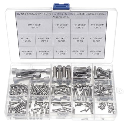 #2-56 to 5/16"-18 UNC Stainless Steel Knurled Socket Cap Screw Kit | 14 Sizes, #2-56 #4-40 #6-32 #8-32 #10-24 1/4"-20 5/16"-18 UNC 304 SS Hex Drive Full Thread Cap Screws Assortment w/ Box