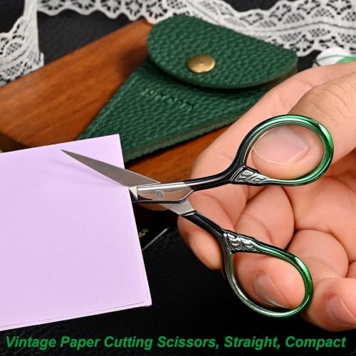 Small Sharp Scissors for Women Men Eyebrow Hair Beauty Grooming | All Purpose Tiny Travel Kit, for Beard, Moustache, Eyelash, Sewing, Embroidery, Detail Thread Paper Cutting with PU Cover - color: Dark Green