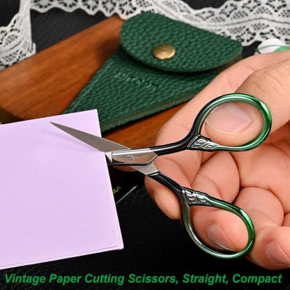 Small Sharp Scissors for Women Men Eyebrow Hair Beauty Grooming | All Purpose Tiny Travel Kit, for Beard, Moustache, Eyelash, Sewing, Embroidery, Detail Thread Paper Cutting with PU Cover - color: Dark Green