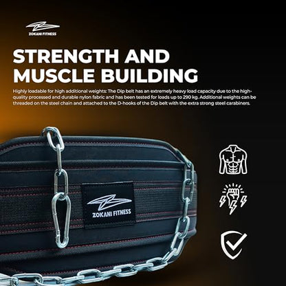 Hold weights up to 800lbs Zokani Dip Belt with Chain for Heavy Weightlifting Exercises ,Squats, deadlifts, pull Up Weight Belt, Dipping Belt, Men and Women Training Strength Dip Weightlifting Belt (Black)
