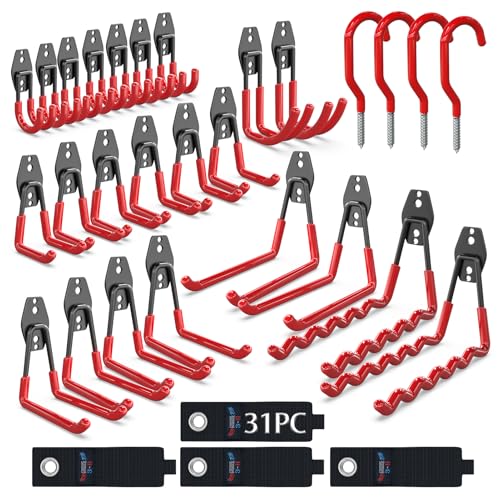 3-H Heavy Duty Garage Hooks, 31 Pack Wall Storage Organizer,Red | Multi-Purpose Garage Hooks to Organize Garden Lawn Tools, Sports Gear, Ladders, Power Tools & Outdoor Hoses - color: Red, size: 31