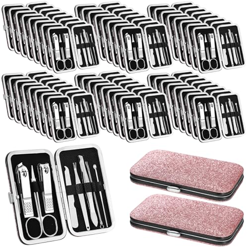 Geosar 50 Set 8 in 1 Travel Manicure Kit Bulk Professional Nail Clippers Pedicure Nail Care Tools Grooming Stainless Steel Set with Portable Travel Case, Gift for Valentine Men Women(Glitter Pink) - color: Glitter Pink