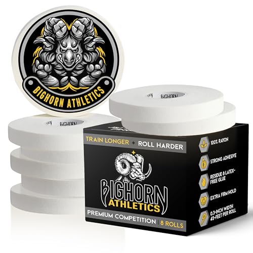 Bighorn Athletics BJJ Competition Finger Tape, 0.3" x 45ft, 8 Rolls, White | Rayon finger tape – 50% stronger than cotton. Residue-free, sweat-proof adhesive for Jiu Jitsu competition & hard training. - color: White, size: 0.3-Inch