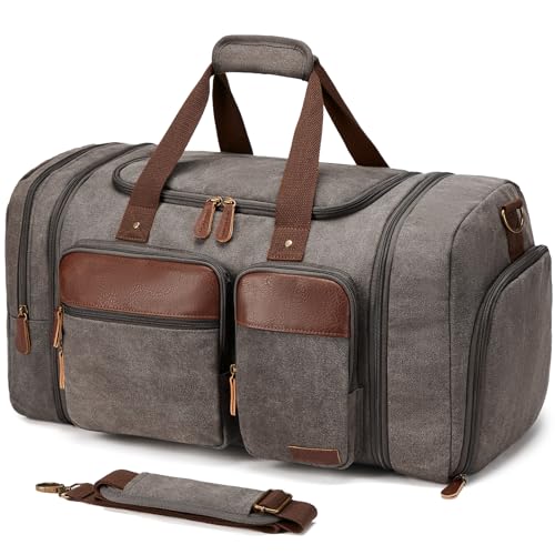 Canvas Duffle Bag for Travel 50L Expandable, Grey | Travel Duffel Bags for Men Women, Overnight Weekend Gym Bag with Shoes Compartment - color: Grey, size: Large 50 L