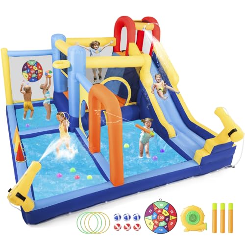 JOYLDIAS Inflatable Water Slide,Water Park Bounce House,Slide Bouncer Castle Playhouse w/Splash Pool, Climbing Wall, Trampoline，Felt Ball Target, Ring Toss Game for Kids Outdoor Fun, 550W Air Blower - color: Multicolor