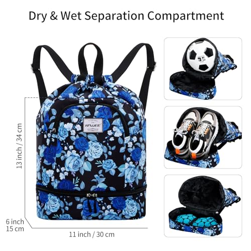 Dry Wet Drawstring Backpack with Shoe Compartment for Women Adjustable Gym Bag - color: Blue Rose