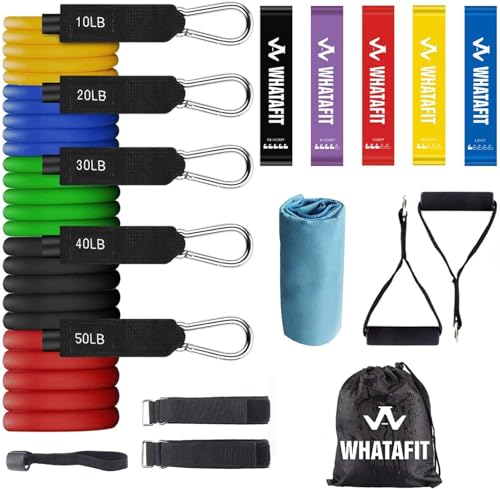WHATAFIT Resistance Bands with Handles, 5-Level Exercise Bands for Workout | Natural latex,10-50 lbs, stackable to 150,Ankle Straps, Door Anchor,Guide. For Strength, Yoga,Home Gym,Travel & Workout. - color: Assorted