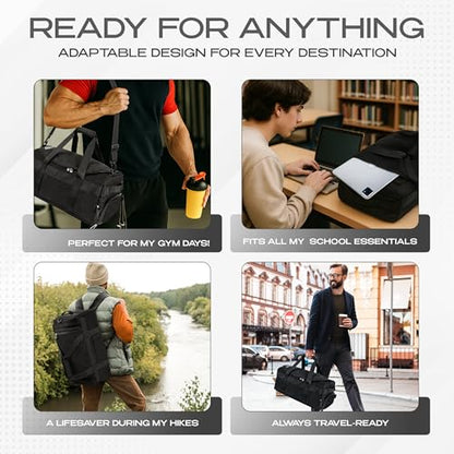 3-in-1 Duffle Bag Backpack with Shoe & Laptop Pocket, Cup Holder, Ventilated Gym & Travel Bag (Black/Silver) - color: Black/Silver