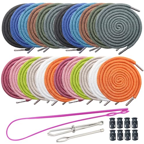 30Pack Replacement Drawstrings Drawcords 8 Pieces Cord Locks for Pants Sweatpants Hoodies Scrubs Jackets Shorts, with 3 Pieces Drawstring Threader Re-Threader Tool 53" Long (15 Color)