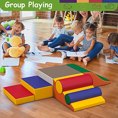 Betterhood Climbing Blocks for Toddlers 1-3, 7 Pcs Kids Soft Play Set, Toddler Soft Couch Climber Gymnastics Equipment for Crawling and Sliding at Home, Preschool - style: Coffee and Red