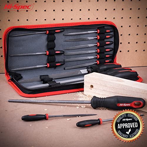 Hi-Spec Metal Hand and Small Mini Needle Steel File Set in a Carry Case | 16pc, varied profiles, shaping and deburring control, smooths edges, durable steel, zipper case, cleanup brush, quick setup - size: 16 pieces