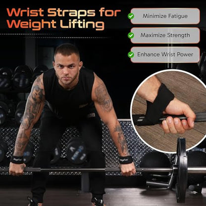 Grip Lifting Straps for Weightlifting and Strength Training, Premium Cotton and Padded Wrist Wraps, Gym Deadlift for Men & Women - color: Black (Anti-Slip)