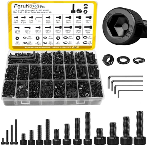 1760PCS Metric Screw Assortment Kit,M2 M3 M4 M5 Screws Set, Hex Socket Head Cap Bolts Nuts and Washers Kit for 3D Printing DIY, Grade 12.9 Alloy Steel, Black Zinc Plated - size: M2M3M4M5 1760pcs