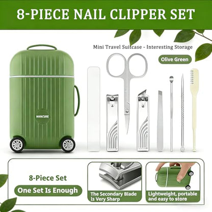 8-Piece Manicure Set in Mini Suitcase, Cute Travel Nail Clipper Kit with Stainless Steel Tools, Portable Grooming Care for Car Console, Office Desk Decor & Unique Gift, Olive Green, 3.9"
