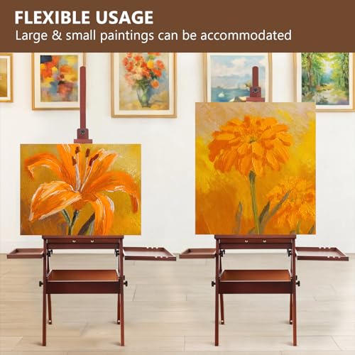 Wooden H-Frame Studio Easel with Storage Drawer and Palettes, Walnut | Solid Beechwood Painting Easel for Students, Beginners, and Artists, Hold Canvas to 36Inches High - style: Side Trays Walnut