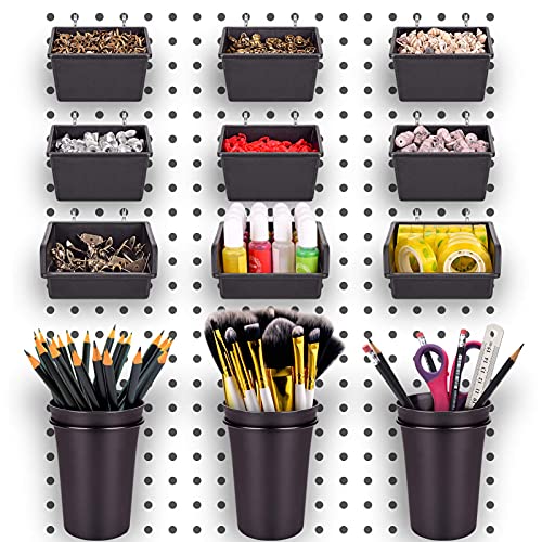 Pegboard Bins Cups with Hooks & Loops 12 Pack Peg Board Organizer (Black) | 1/8" 1/4" Pegboard Accessories Organizers, Mixed Assortment, Plastic Tool Sorters for Nail Screw Fastener Bolt Small Parts - color: Black